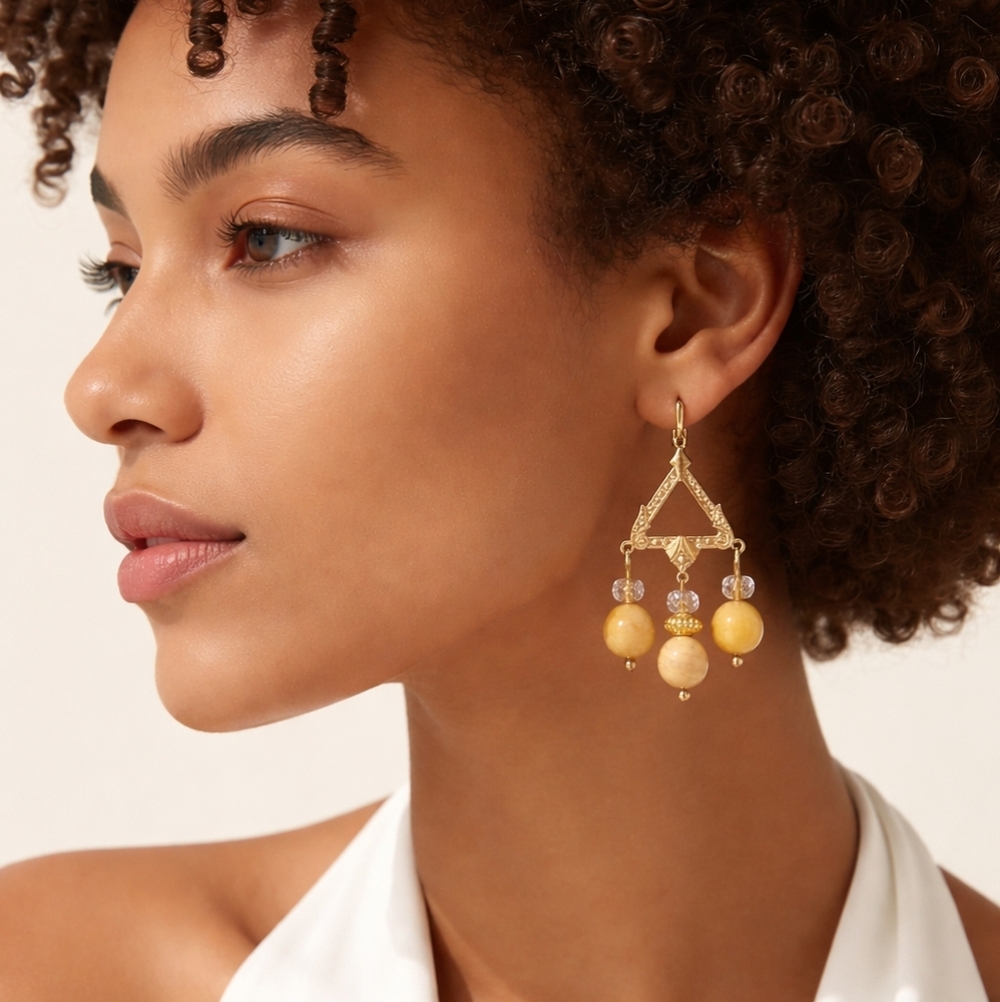 Gold Moroccan Style Chandelier Earrings with Yellow Jasper Gemstones